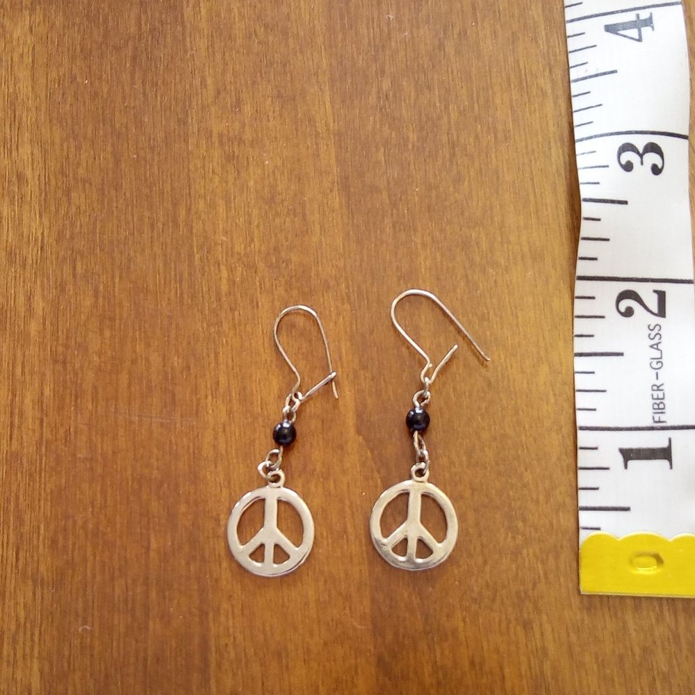 Vintage Silver Tone Earrings with Peace Sign